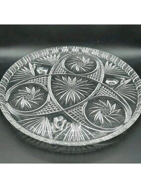 Vtg Starburst Crystal Round Serving Platter Footed Cut Glass Plant Stand 12 1/2"